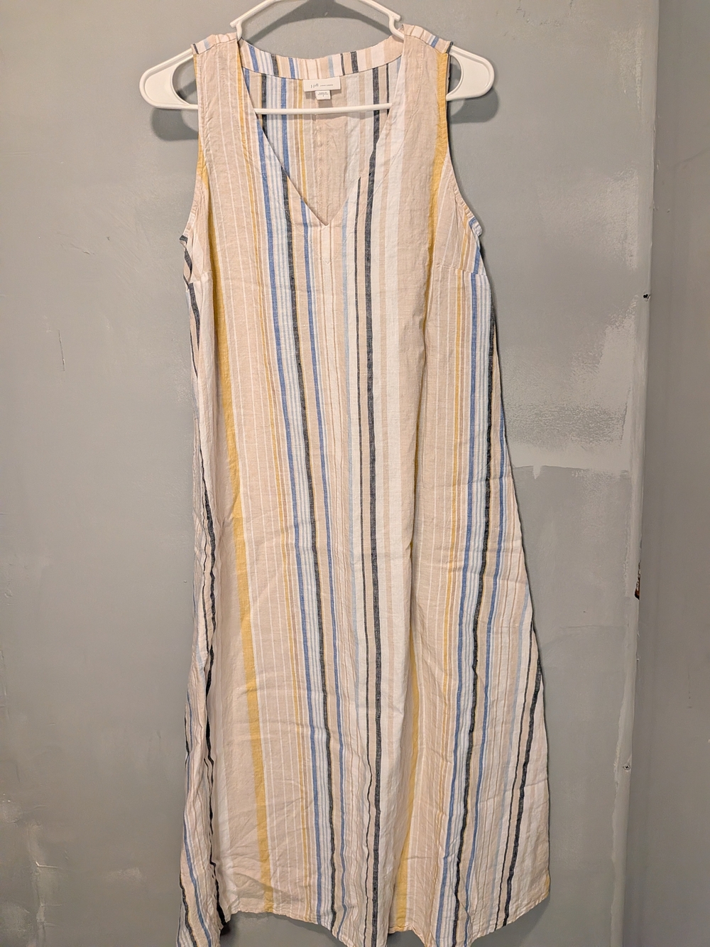 J. Jill Sleeveless Striped Midi Dress in White, Blue & Yellow - 100% Linen